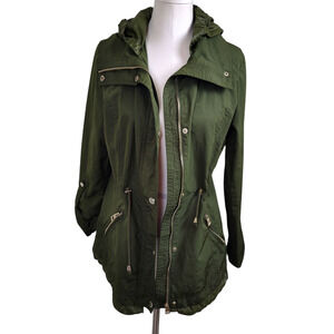 Guess Jacket Womens Medium Green Hooded Drawstring Waist Full Zip Parka Coat